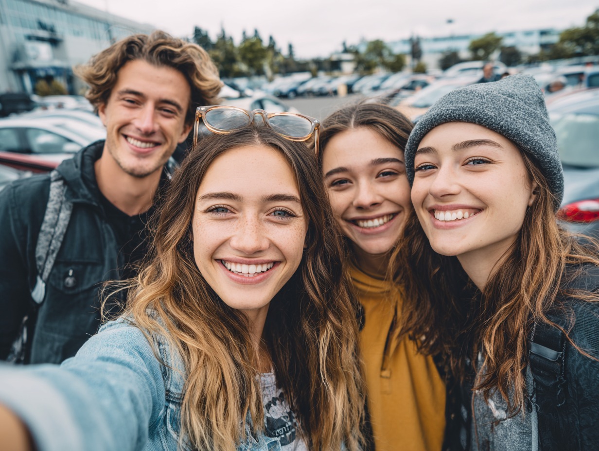 A group of university students arriving at campus together